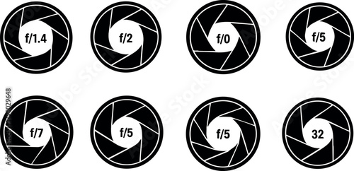 Camera Aperture Icons Set Showing Various F Numbers and Shutter Blades Vector Illustration for Photography Concepts