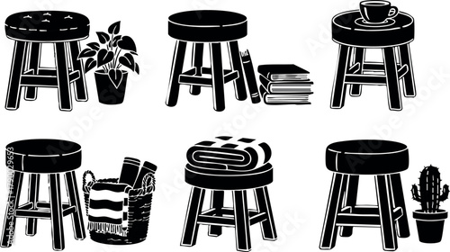 Rustic wooden stools with decorative plants and books vector set in black silhouette style