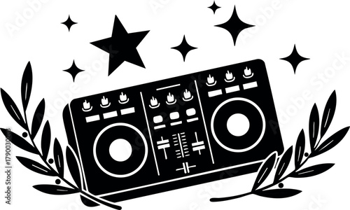 DJ mixer with stars and laurel wreath vector silhouette design for music and celebration themes