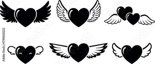 Winged heart icons collection with black silhouette designs for love and freedom symbols vector illustration