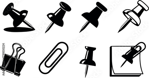 Office push pins and paper clips vector set with black and white stationery elements for organization and planning