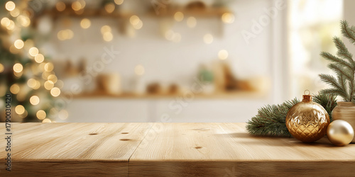 
 
Christmas kitchen decor and copy space. Rustic cuisine at Christmas. Details of scandinavian cuisine in bronze color. Kitchen island table
