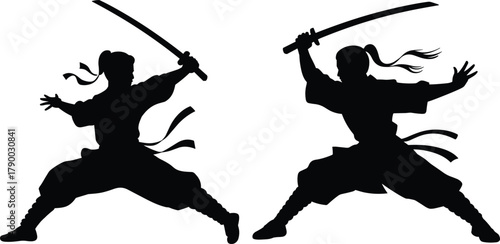 Two Martial Arts Warriors in Dynamic Fighting Stance with Katana Swords, Representing Battle, Asian Culture, Samurai, and Ninja Combat