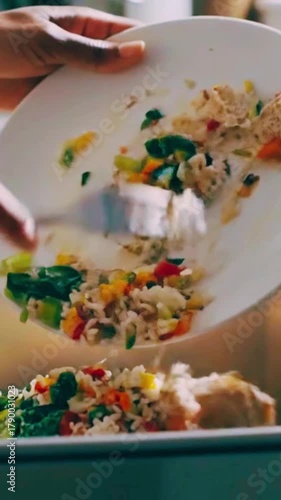Food waste concept featuring rice, vegetables, and bread being scraped into a sink representing sustainability issues