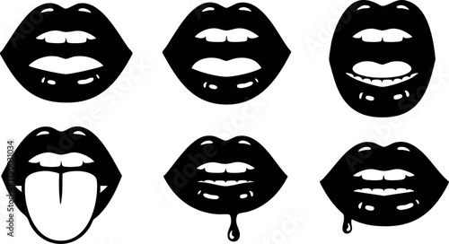 Set of black lips with different expressions showing tongue, drool, and teeth in vector style art