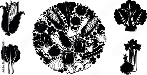 Black and white vector illustration of various vegetables including broccoli, corn, and tomato in circular composition for healthy lifestyle design