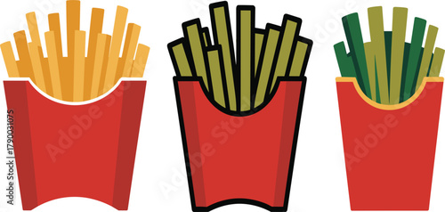 Three Containers of French Fries in Different Styles, Representing Fast Food, Takeaway Snacks, Restaurant Menus, and Snack Food Concepts
