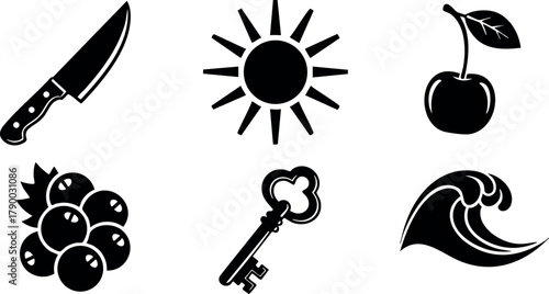 Black silhouette icons including knife sun cherry berries key and wave vector illustration collection