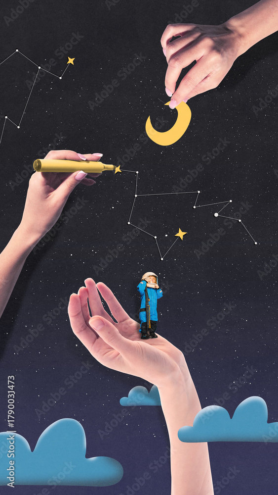 Fototapeta premium Modern space poster. Child astronaut standing on helping hand under drawn constellations. Concept of support, education, and child imagination through creative science.