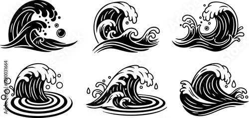Ocean waves vector set with stylized water splash designs in black and white artistic style for creative projects and decoration