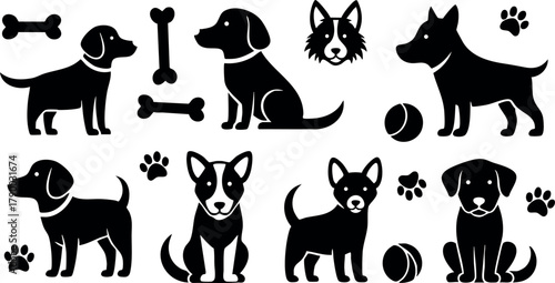 Dog silhouettes with bones paws and balls vector art for pet and animal lovers design