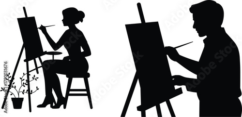 Silhouettes of Male and Female Artists Painting on Easels, Representing Creativity, Art Studio, Fine Arts, Profession, and Hobby