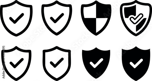 Shield and checkmark icons set with various styles black and white design vector illustration