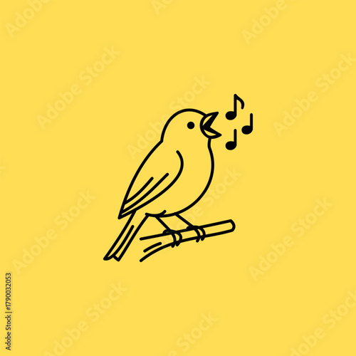 Photos Simple black outline illustration of a singing bird perched on a branch with mus