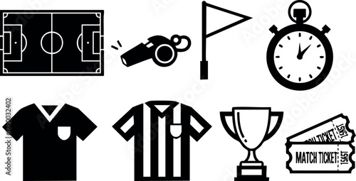 Soccer icons set with field whistle flag stopwatch jersey trophy and tickets for sports design vector illustration