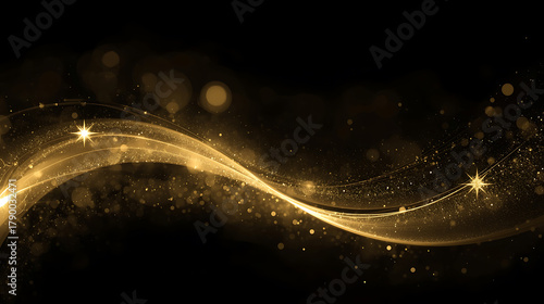 Abstract holiday background with golden glittering stars swirling over a black backdrop. Elegant and luxurious festive theme with glowing trails, perfect for Christmas, New Year, celebration,