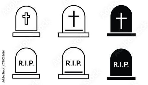 Set of tombstone and gravestone icons with cross and R.I.P. text in black and outline styles, symbolizing death, memorial, and cemetery concept, isolated vector illustration design.