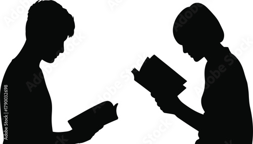 Silhouettes of Male and Female Students Reading Books, Highlighting Education, Concentrated Study, Learning, Knowledge, and Academic Focus