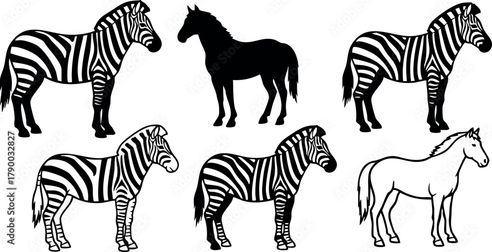 Naklejka premium Silhouettes and Outlines of Zebras and Horses in Black and White Vector Art for Wildlife and Nature Designs