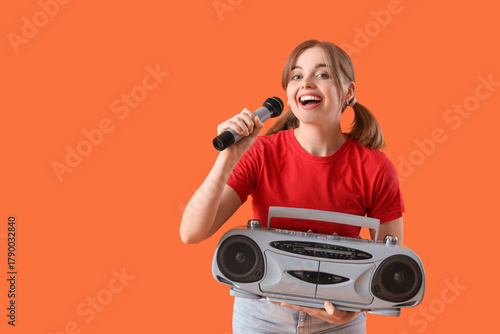 Young woman with microphone...