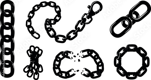 Various chain link designs black silhouette vector set with broken and circular chain elements for graphic use