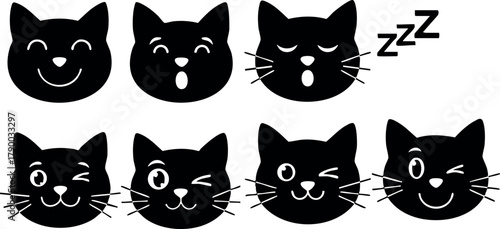 Cat faces expressing different emotions including sleeping and winking in black silhouette style vector illustration