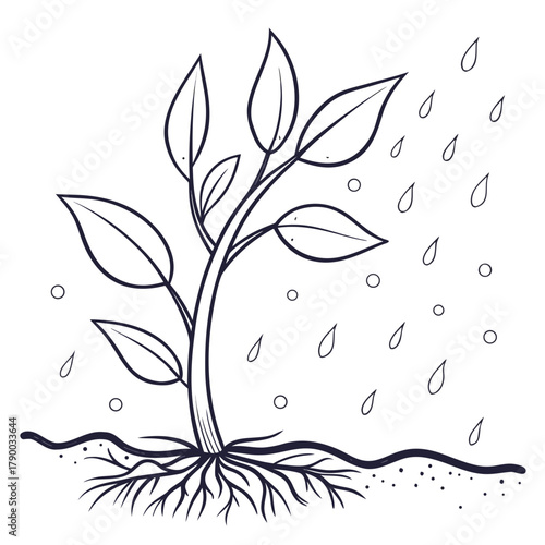 Delicate seedling bathed in gentle rain, nurturing growth and symbolizing new beginnings, a minimalist, modern line drawing showing life cycle