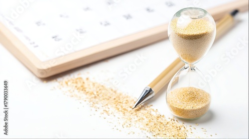 Office productivity tools for time management, close-up of hourglass and grid planner with textures and soft light for presentation