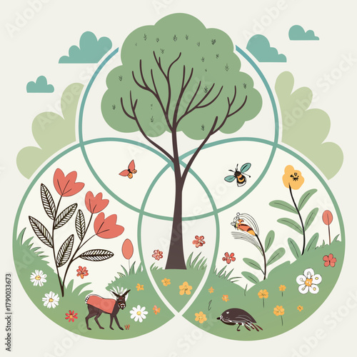 Enchanting woodland scene featuring whimsical wildlife, flowers, and a towering tree, evoking a sense of natural harmony and playful charm for creative projects