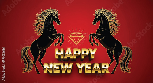A festive illustration featuring two golden horses facing each other with a diamond above the text "Happy New Year" on a vibrant red background. Perfect for celebrations.