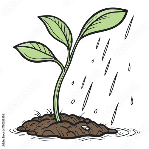 Nurturing new life as a sprout grows in the rain, promising growth and renewal from the earth in a simple yet hopeful design for ecology