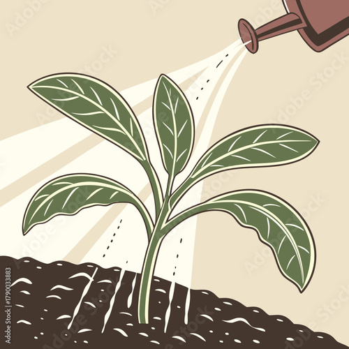 Nurturing new life with care a gardener waters a young plant, symbolizing growth and renewal in a hand drawn retro style, eco friendly, nature, and positivity