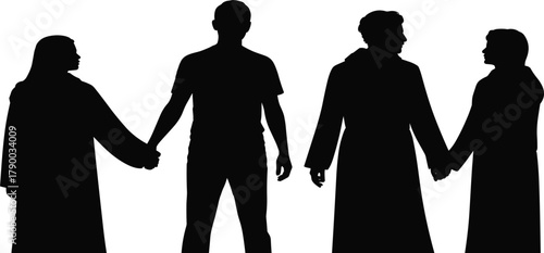 Four People Holding Hands in a Line Silhouette, Symbolizing Unity, Community, Teamwork, Diversity, Partnership, and Collective Support