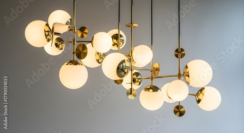 Mid-Century Modern Sputnik Chandelier with White Glass Globes, Brass Accents, Stylish Lighting