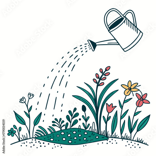Whimsical garden illustration featuring a watering can nourishing vibrant flowers and plants, perfect for spring, gardening, and nature-themed designs