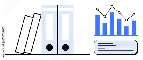 Books and office binders with a bar graph and trend line represent organization, data analysis, statistics, and productivity. Ideal for business, finance, education, reporting, management workflow
