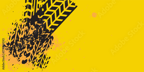 Yellow grunge tire tracks, wheel braking marks. Truck, car or motorcycle tread pattern silhouettes. Auto race, motorsport, speed racing design element. Asphalt texture. Vector illustration