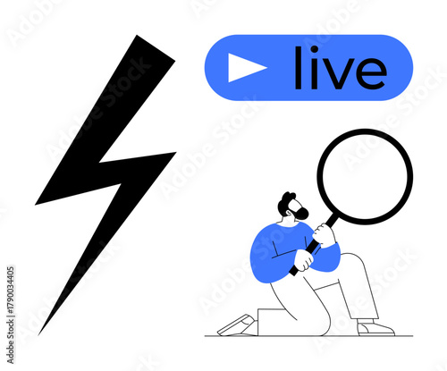 Man kneeling and examining with magnifying glass next to bold lightning bolt and live stream graphic. Ideal for research, analytics, media, innovation, energy, livestreaming, investigation. Simple