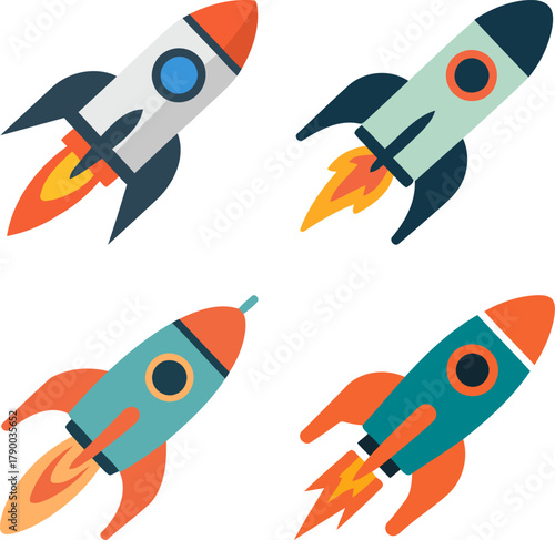 Four colorful cartoon rockets launch into space with fiery exhaust.