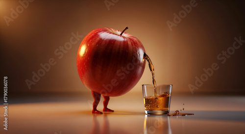 Anthropomorphic apple pouring juice into glass, funny fruit character, creative healthy drink concept, fresh beverage background