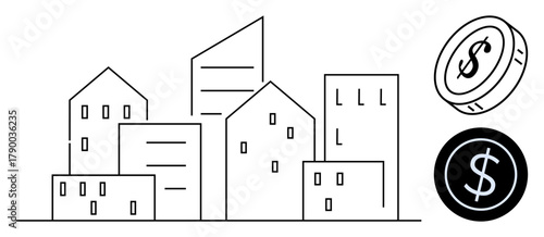 Urban cityscape with various building shapes alongside coin icons. Ideal for real estate, investment, economy, business growth, wealth, architecture, urban planning, simple flat metaphor