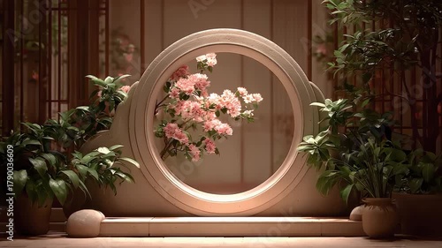 A Corner of Tang Style Courtyard with Blooming Flowers and Distant Artistic Conception