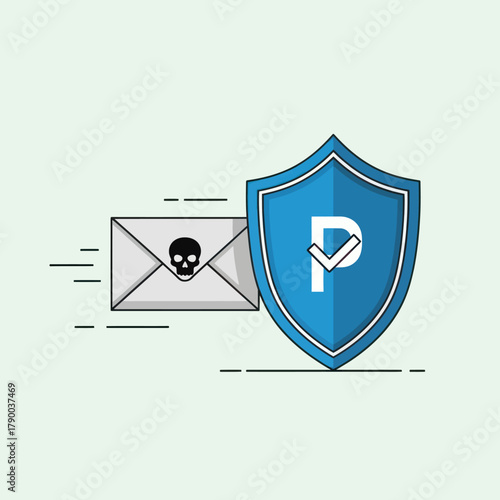 Email Security - Shield Protecting Against Malicious Email with Skull Icon.
