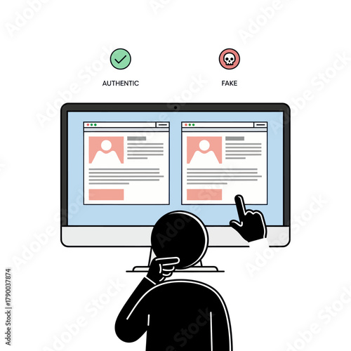 Person at computer trying to distinguish between authentic and fake profiles.