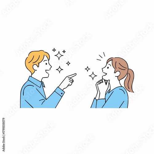 Excited Conversation Man Pointing & Woman Reacting with Joyful Surprise - Expressive Line Art Illustration of Positive Communication and Exclamations