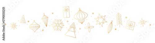 Christmas border, gold holidays banner, line decorations