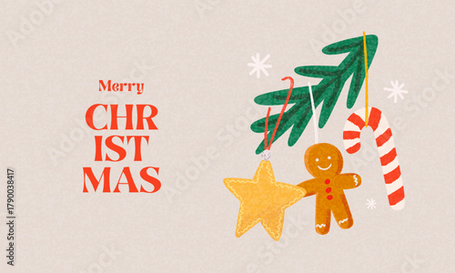 Christmas Holiday banner, card, poster, cover, background. Modern bright Xmas design with hand drawn beautiful Christmas tree branch with star, candy cane, gingerbread man for season greetings, print.