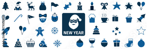 New Year icons set , Christmas holidays flat style collection, winter celebration, festive decorations, gifts, snow, and party symbols illustration