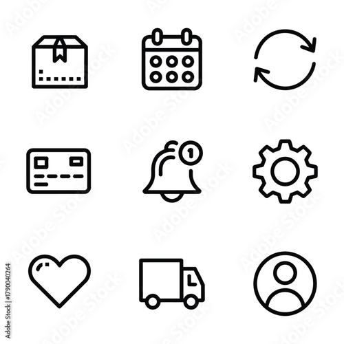 Set of nine black outline icons for e-commerce, delivery, and user services package calendar