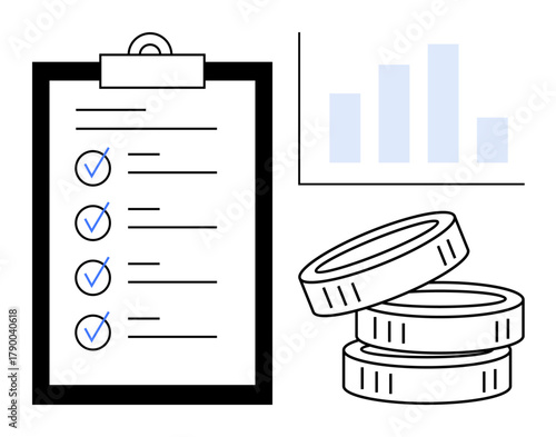 Clipboard with completed checklist, stack of coins, and bar graph symbolizing financial planning, budgeting, analysis. Ideal for business, goals, finance productivity strategy organization. Simple